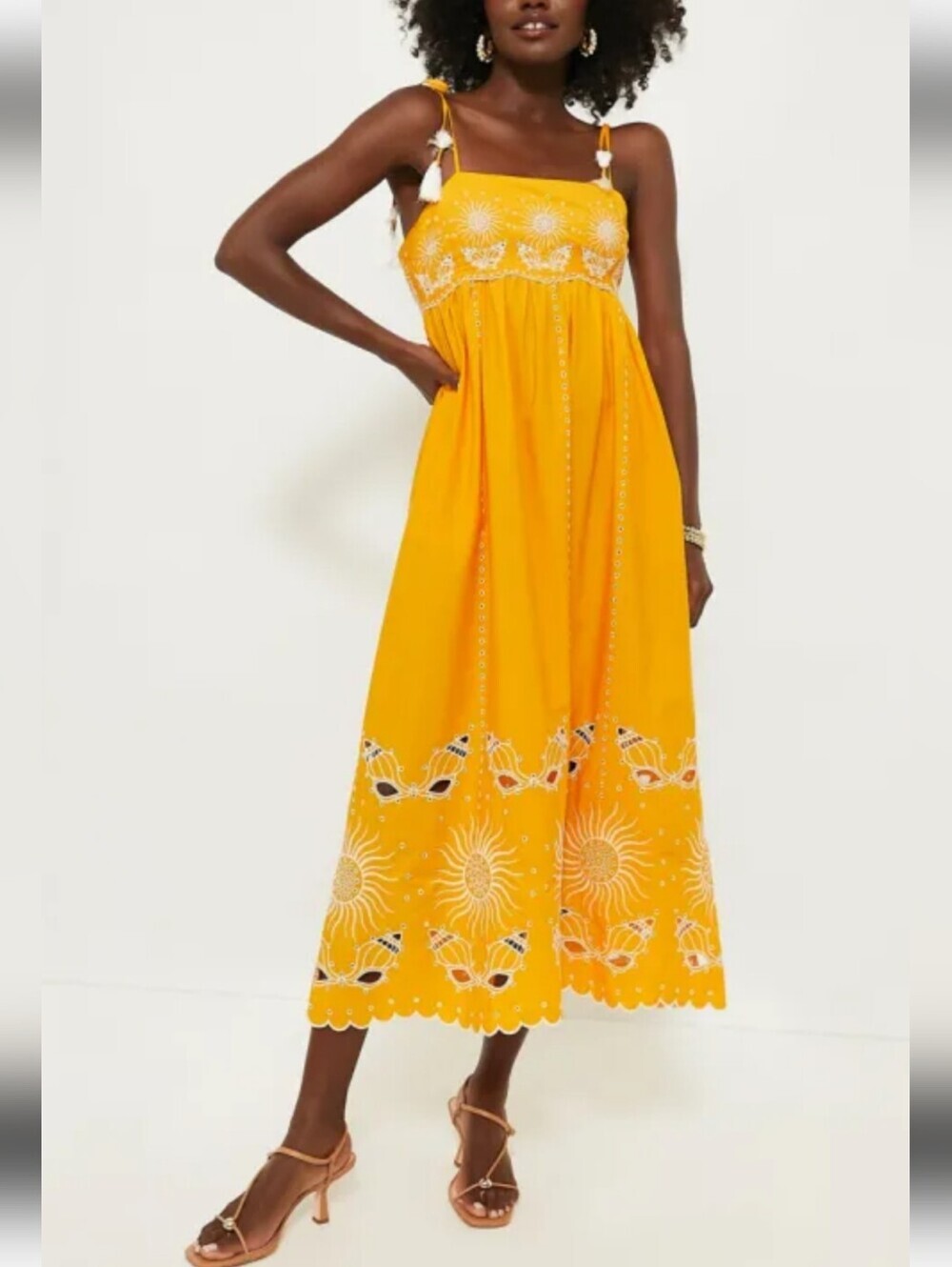 CAROLINA K Embroidered Sunburst Yellow Midi Dress with Adjustable Ties